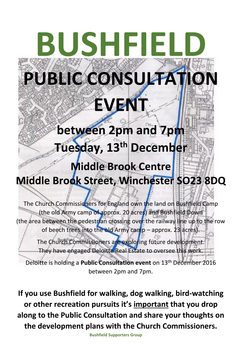 A poster giving details of the Bushfield public consultation event showing a map of the Bushfield area of Winchester