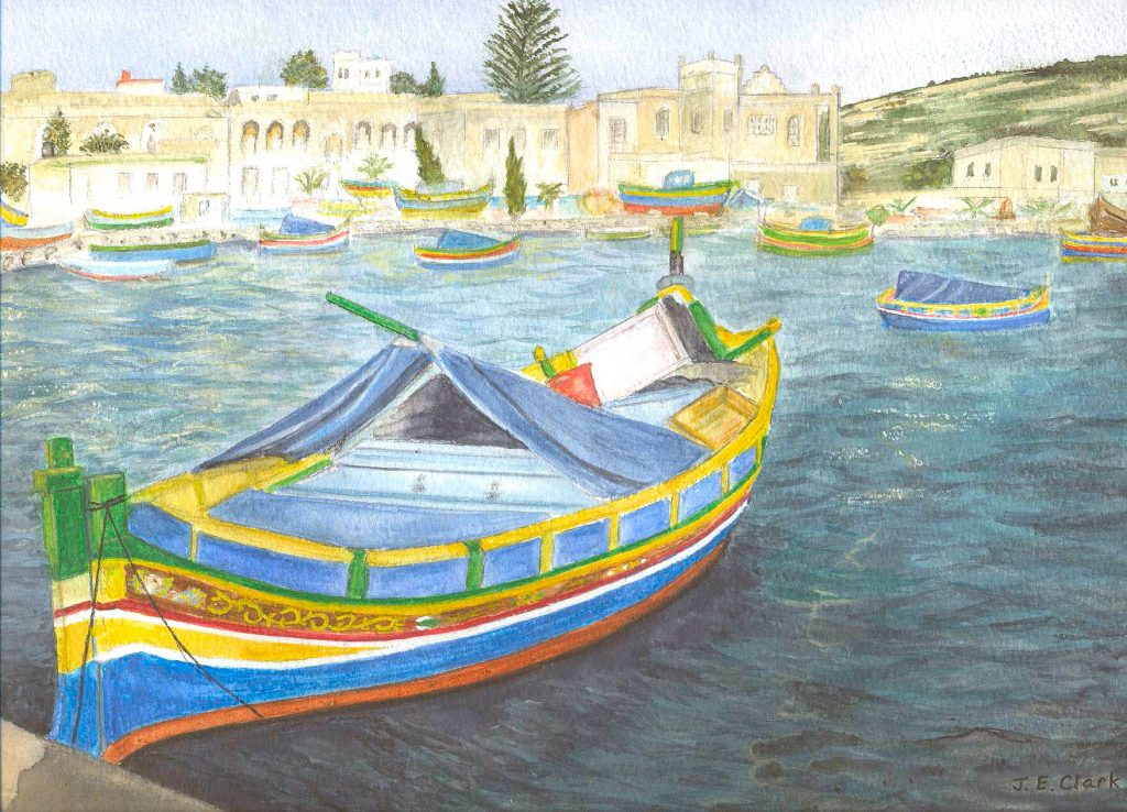 Water colour of Mediterranean Boat in harbour.