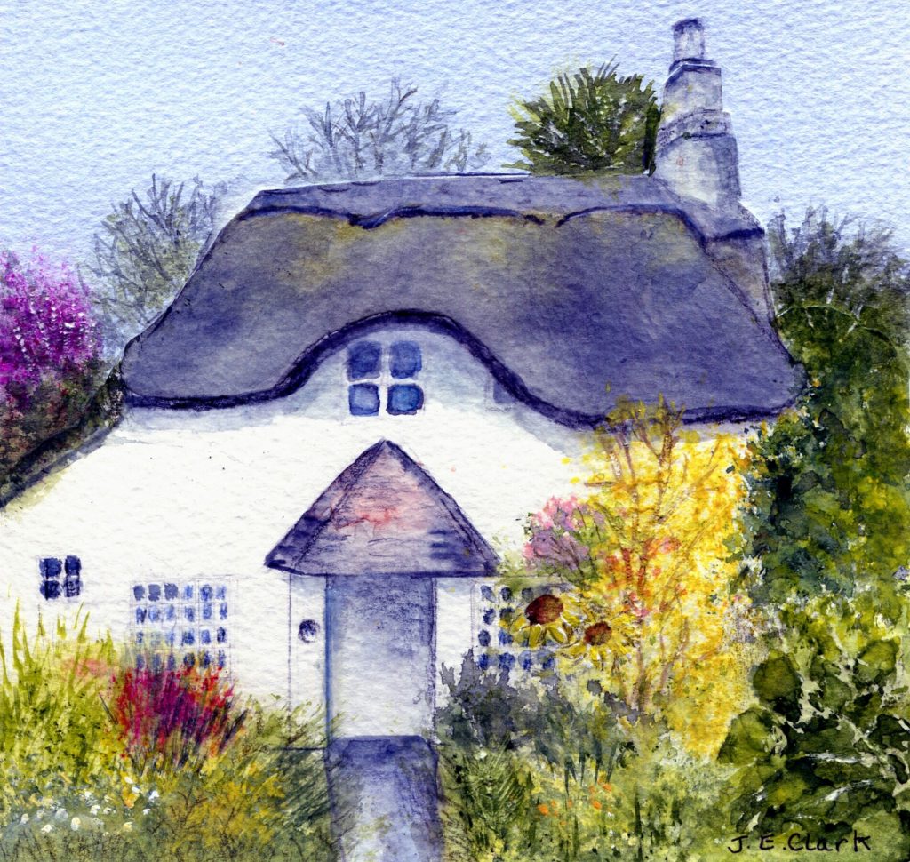 Water colour of thatched cottage in countryside.