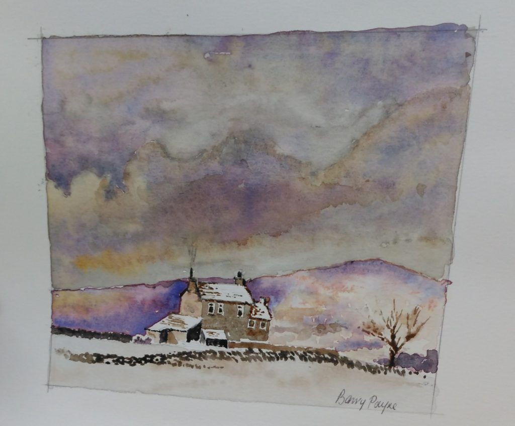 A watercolour of a cottage in the snow with a purple-hued hillside behind.
