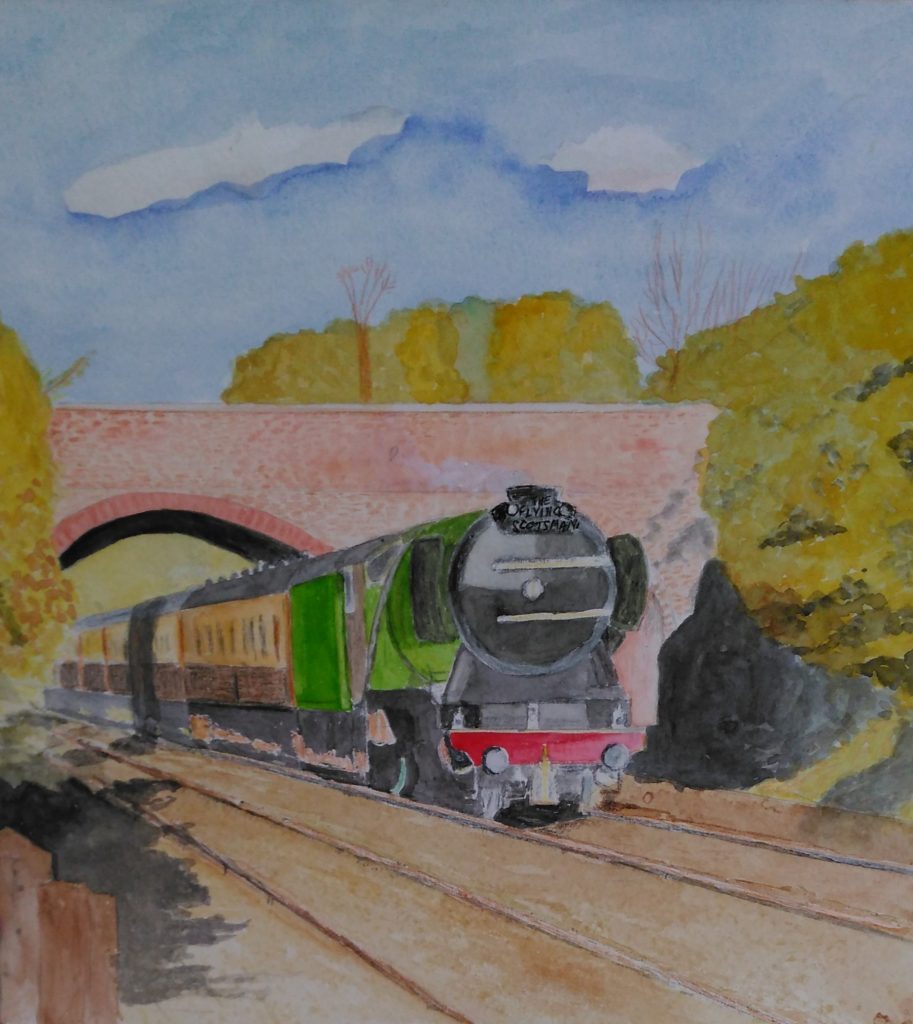 A watercolour of the Flying Scotsman going under a bridge.