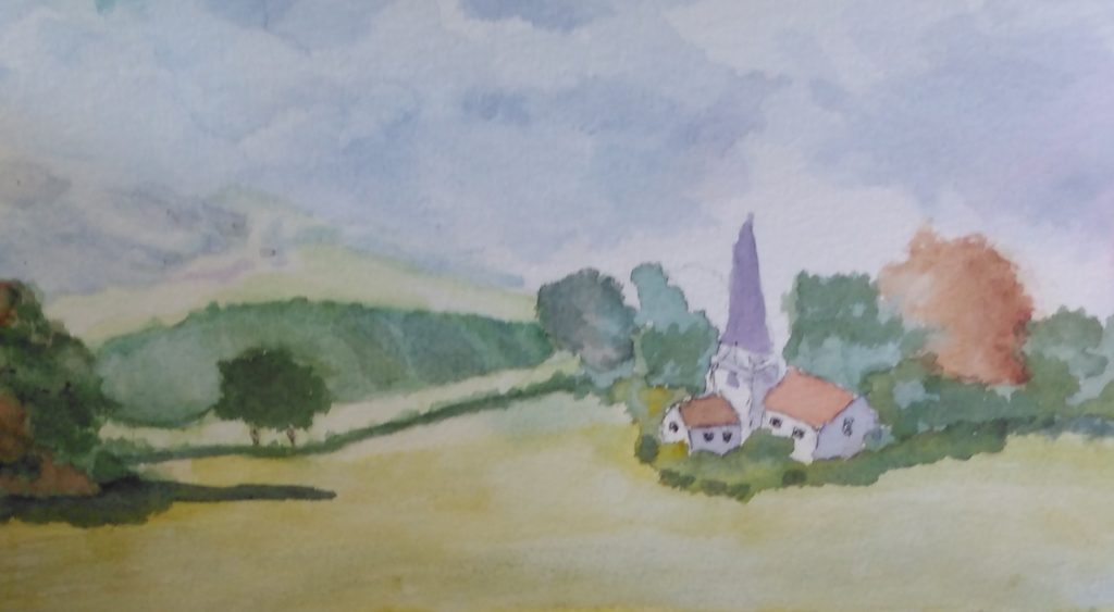 A watercolour of a peaceful church in a field with a mountain backdrop.