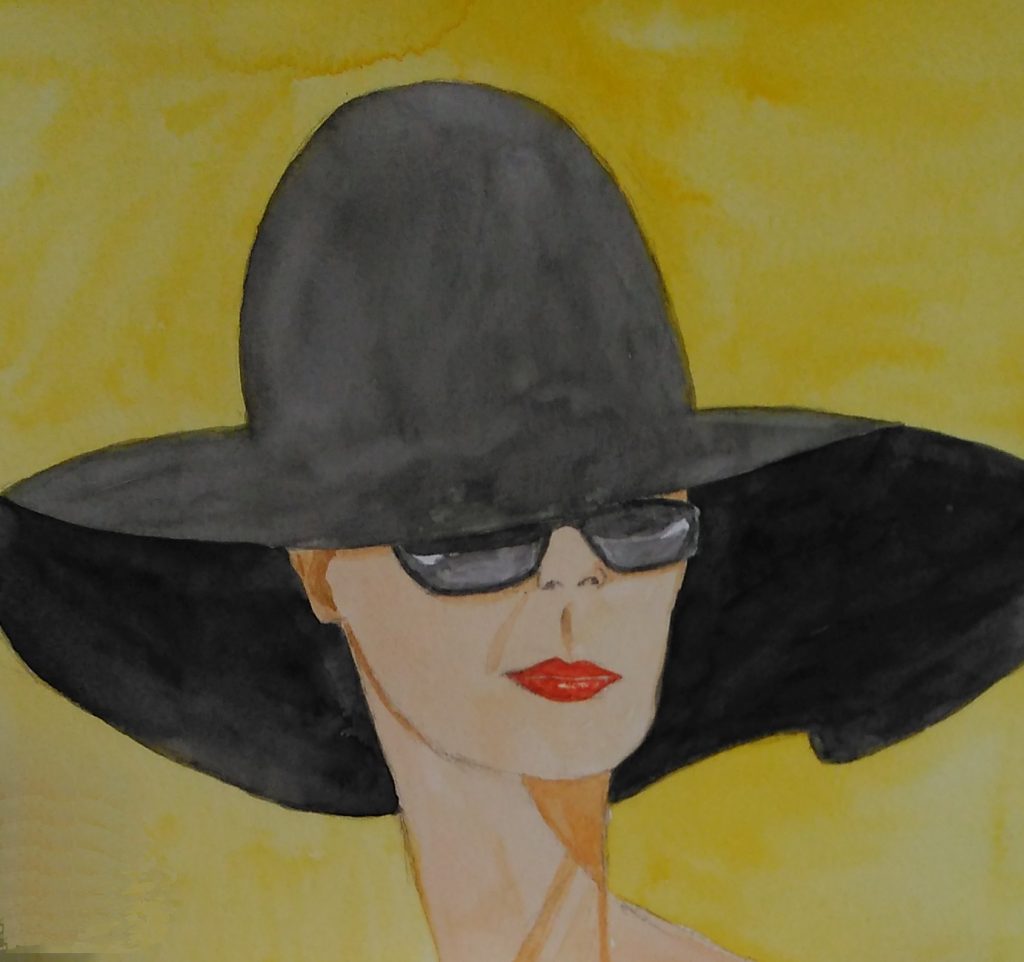 A watercolour of a lady's head with sunglasses and a large black hat.