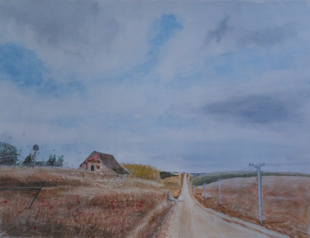 A watercolour of a country lane between two fields of corn and poppies.