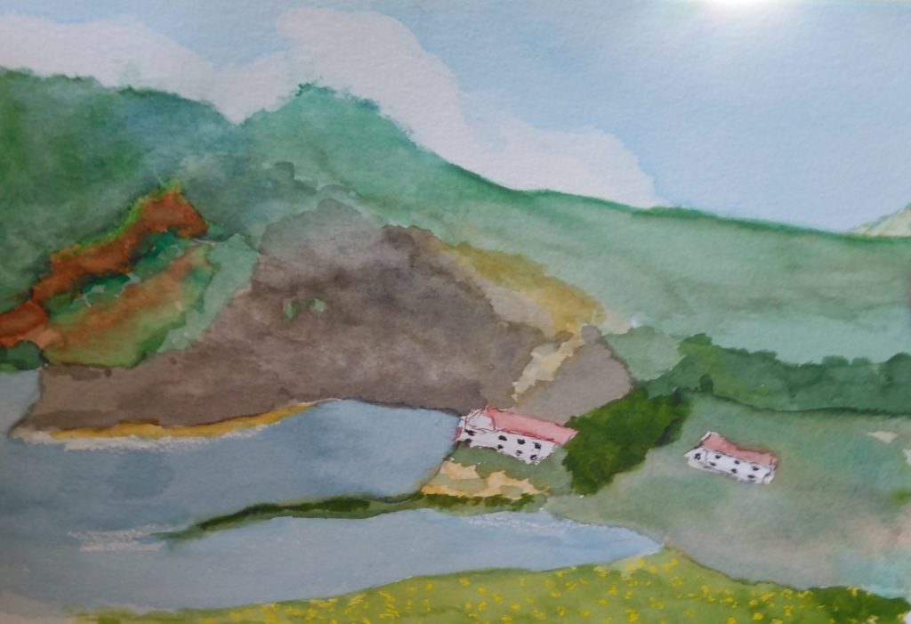 A watercolour of two cottages nestled in the hillside next to a lake.