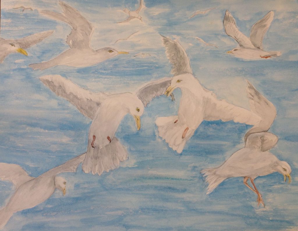 A watercolour painting of seagulls