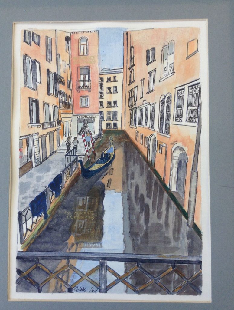 A watercolour painting of a gondola in a Venetian canal