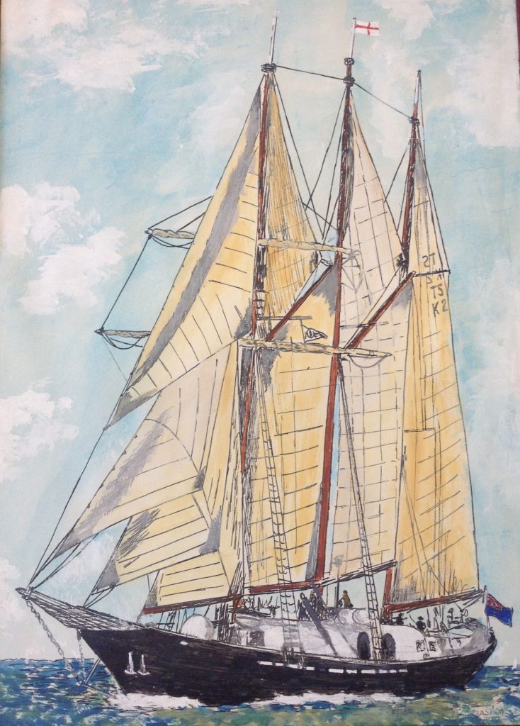 A watercolour painting of a sailing ship