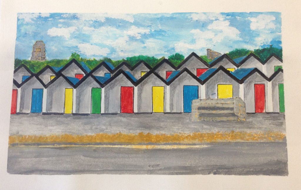 A watercolour painting of beach huts with colourful doors