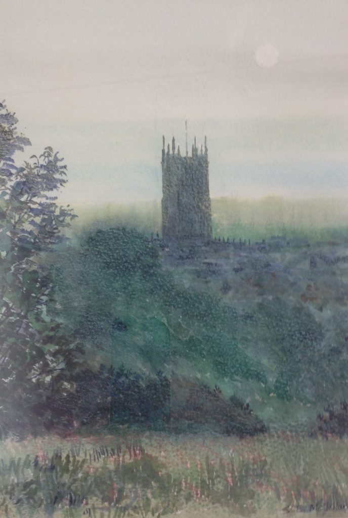 A watercolour painting of a church tower seen across misty fields