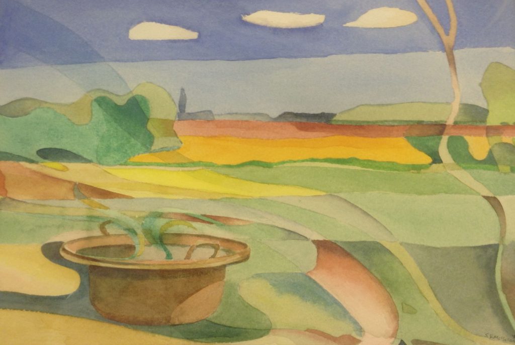 A stylised watercolour painting of a plant in a terracotta pot and a view across fields to a distant church