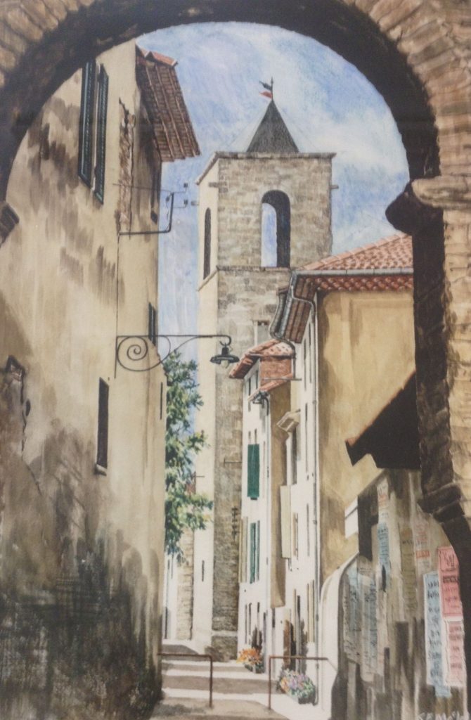 A watercolour painting, titled Orange, of a Provencal street leading to an old tower