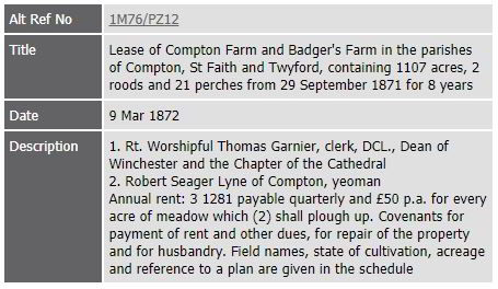 Hampshire County Council record pertaining to the Lease of Compton Farm and Badger's Farm in the parishes of Compton, St Faith and Twyford in 1872.