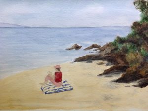 Watercolour painting of a woman on a beach