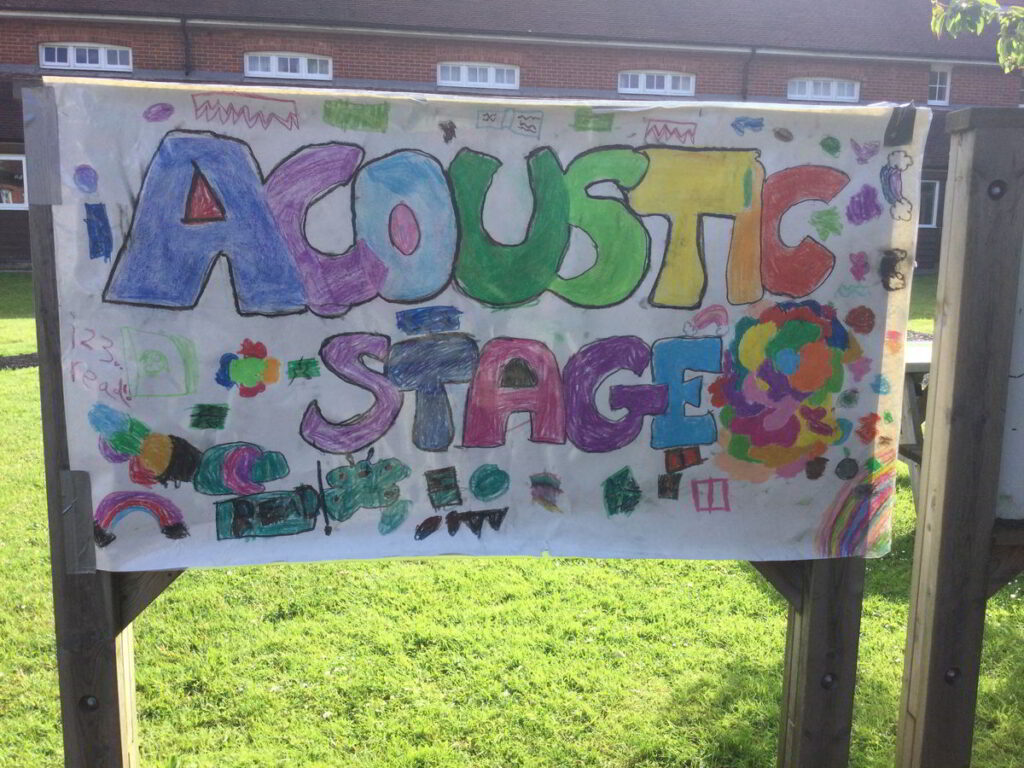 'Acoustic Stage' sign at Stanmore Primary's 'Reading Festival'.