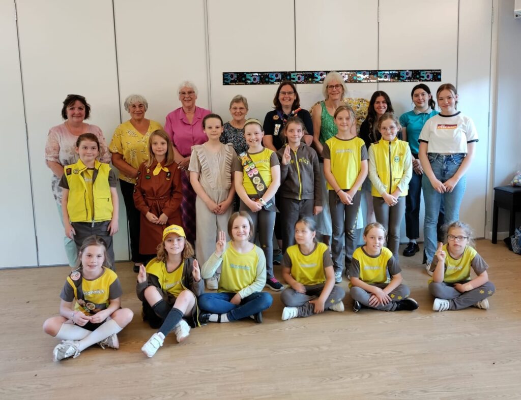 A group of Brownies and their supporters in a hall.