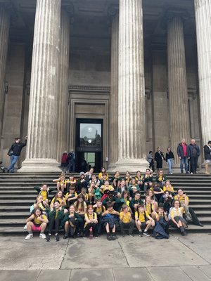 A group of children from Stanmore School on the steps of the British Museum