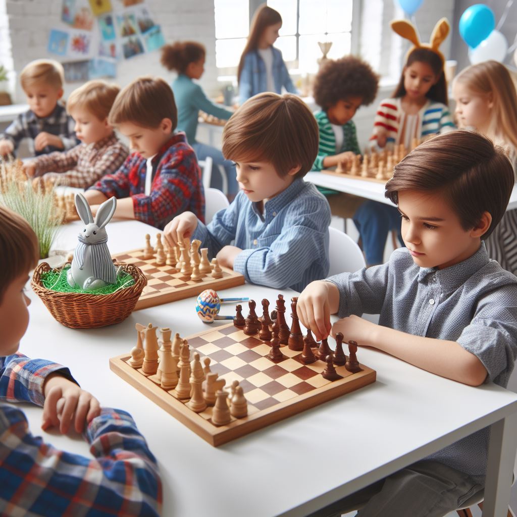 AI-generated image of children playing chess at Easter
