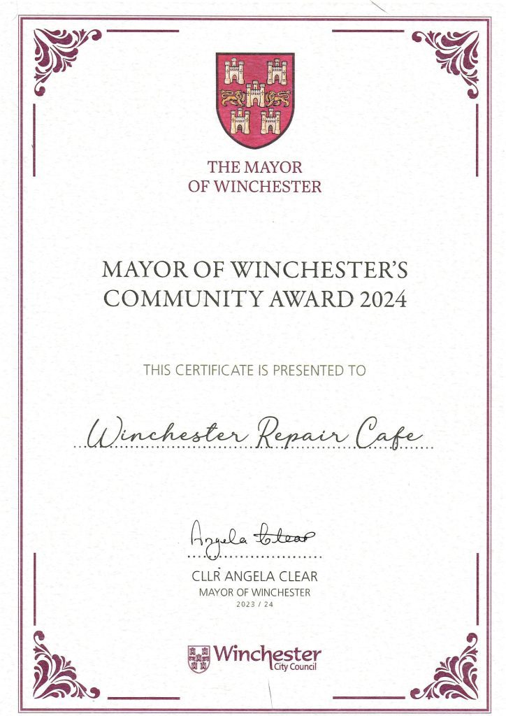 THE MAYOR OF WINCHESTER
Mayor of Winchester's Community Award 2024.
This certificate is presented to 
Winchester Repair Café
Cllr Angela Clear
Mayor of Winchester
2023/24
Winchester City Council