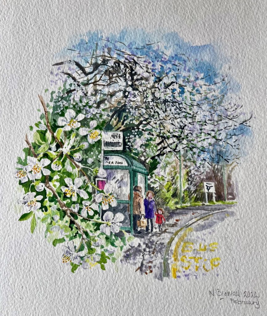 A painting of a bus stop in Winchester surrounded by Cherry Plum trees