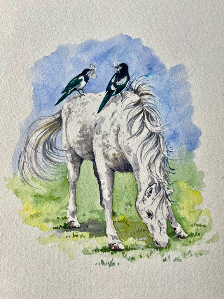 A painting of two magpies plucking the soft hair from a horse's back.