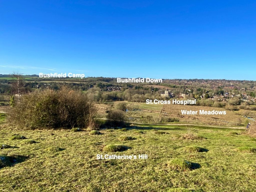 A Spring 2024 view from St Catherine's Hill in Winchester, showing the location of Bushfield Camp.