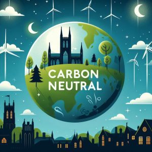 an AI-generated illustration of Winchester surrounded by wind farms with the words Carbon Neutral.
