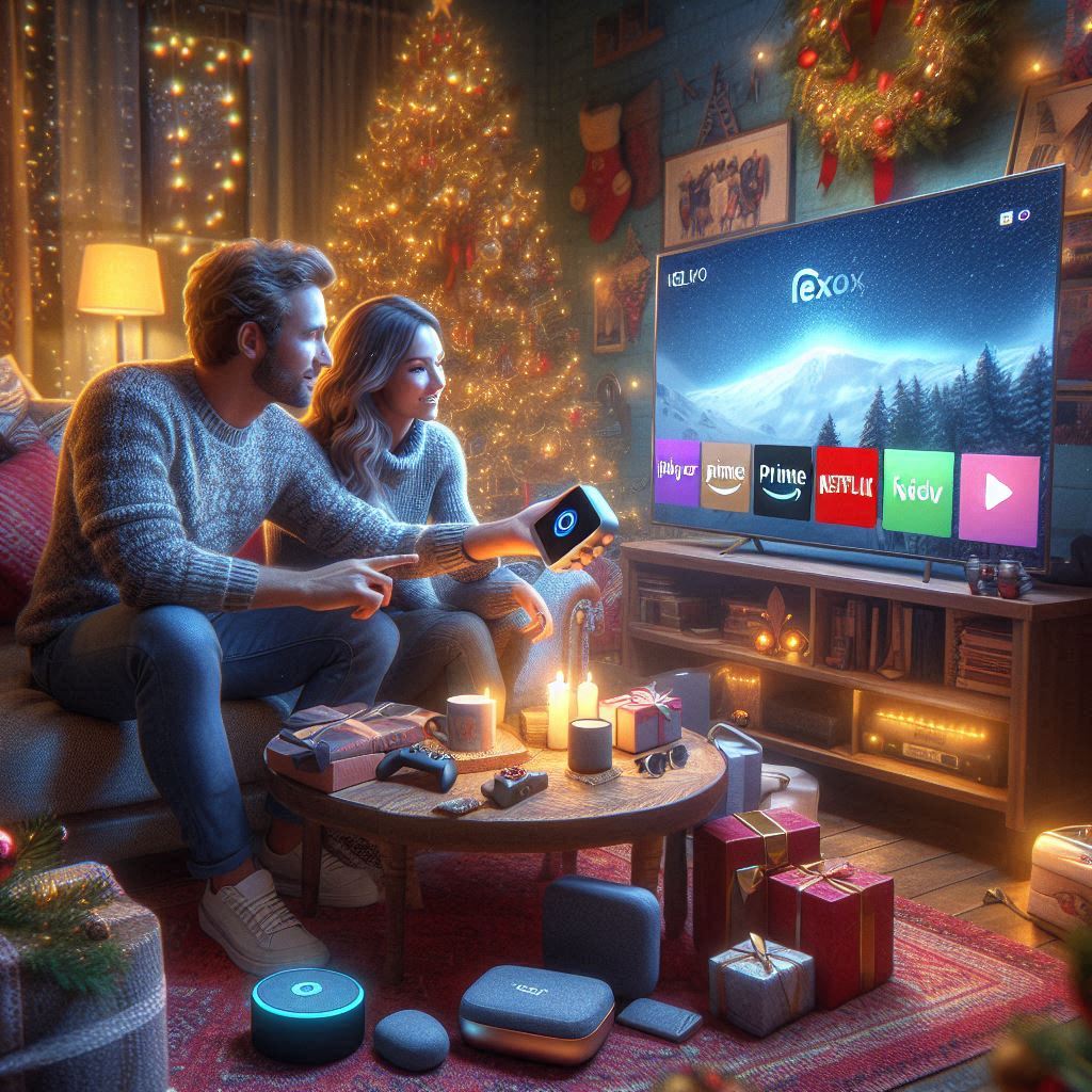 Ai-generated image of a couple watching a smart TV and sharing smart tech gifts at Christmas.