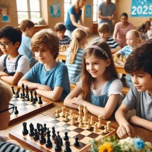 An AI-generated image of boys and girls aged 6-13 playing chess in a sports hall at the Spring Half-Term 2025 Chess Camp in Winchester. They look happy and the hall is decorated for spring.