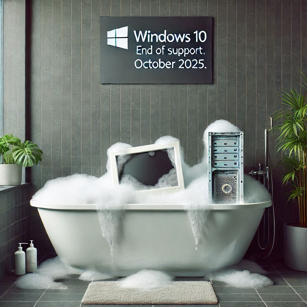 An AI generated image of a desktop computer and screen in a bubble bath. A sign above the bath reads Windows 10. End of support, October 2025.