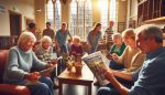 AI-generated image of a friendly community gathering in a community centre in Winchester, with people chatting, smiling, sharing ideas. Some people are reading a newsletter called "Community News"; others are looking at the "Badger Farm Community Centre" website on digital devices. Through the windows, you can see Winchester cathedral.
